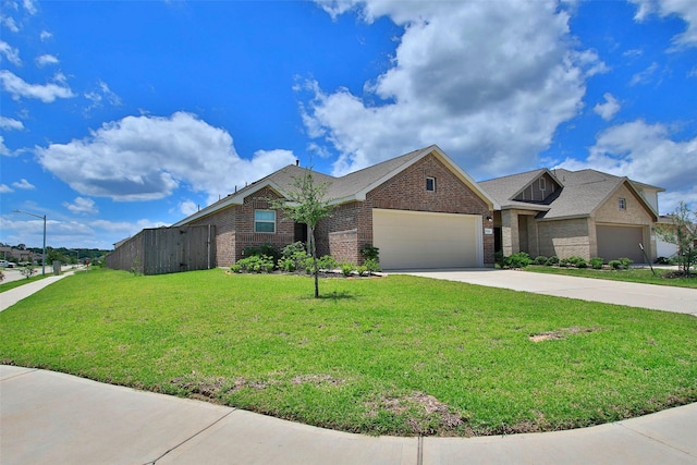 view of front of home featuring an attached garage, concrete driveway, brick siding, and a front lawn