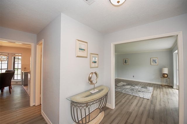 2030 Cutter Dr, League City, TX 77573 - hallway featuring wood finished floors, baseboards, and a textured ceiling
