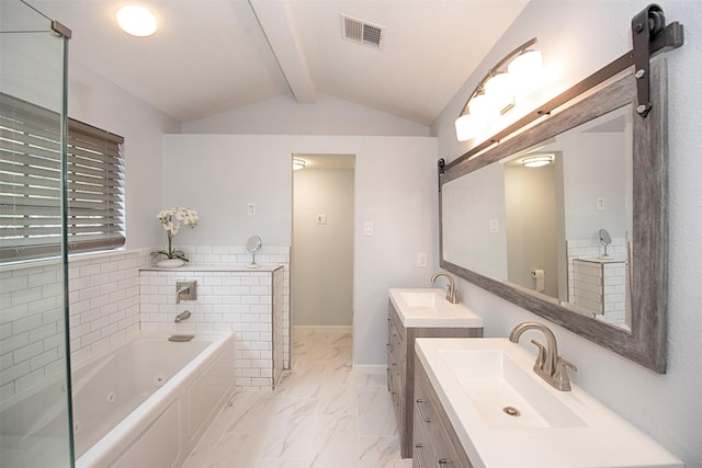 2030 Cutter Dr, League City, TX 77573 - bathroom featuring a jetted tub, marble look tile flooring, and two vanities