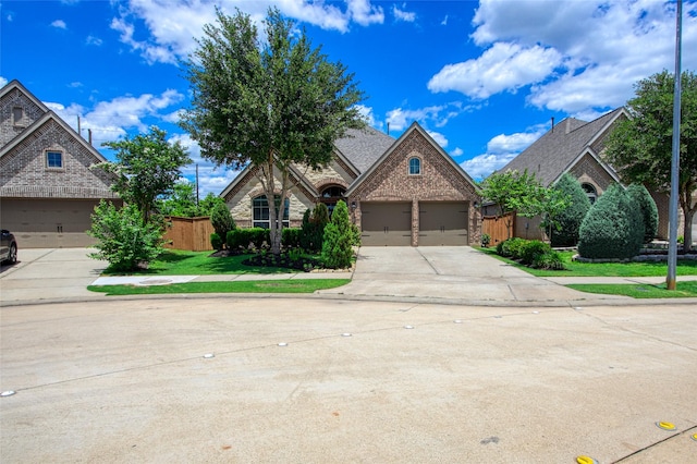 french country style house featuring concrete driveway, brick siding, and a garage