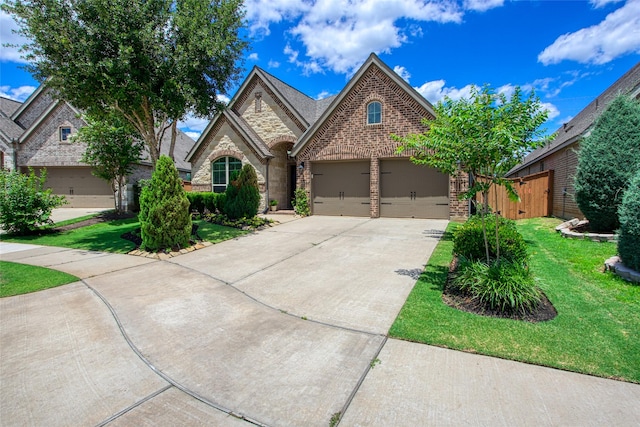 french country inspired facade with driveway, a front yard, stone siding, a garage, and brick siding