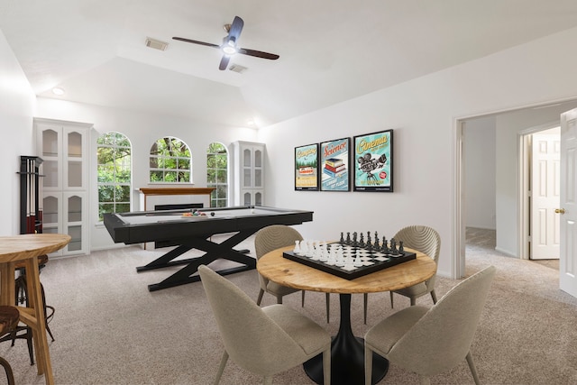 19906 Bayberry Creek Dr, Magnolia, TX 77355 - playroom with light colored carpet, a ceiling fan, lofted ceiling, and a fireplace