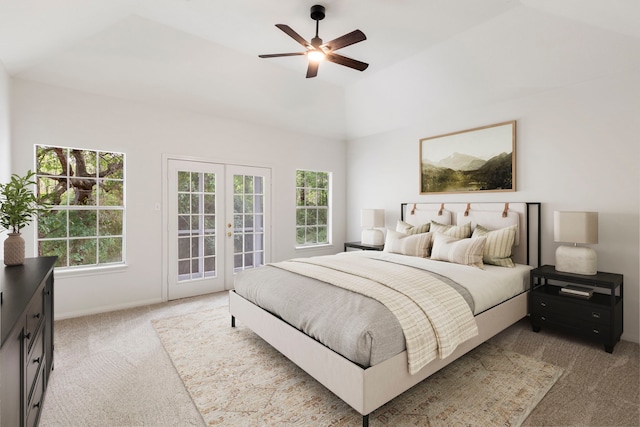 19906 Bayberry Creek Dr, Magnolia, TX 77355 - bedroom with light carpet, french doors, access to outside, multiple windows, and lofted ceiling