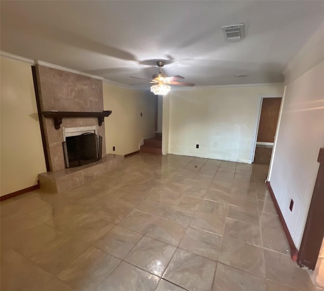 3811 Empress Ln, Richmond, TX 77406 - unfurnished living room with crown molding, a fireplace, and a ceiling fan