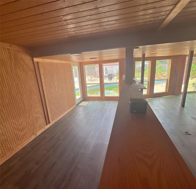 3811 Empress Ln, Richmond, TX 77406 - unfurnished living room with wood ceiling, wood walls, and wood finished floors