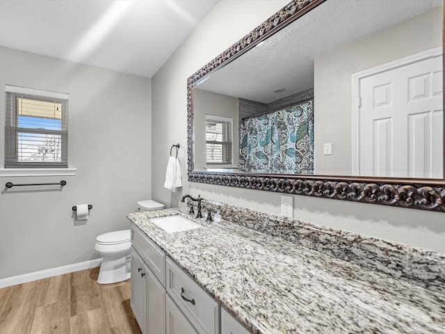 316 N Magnolia St, Highlands, TX 77562 - full bath featuring toilet, baseboards, wood finished floors, vanity, and curtained shower