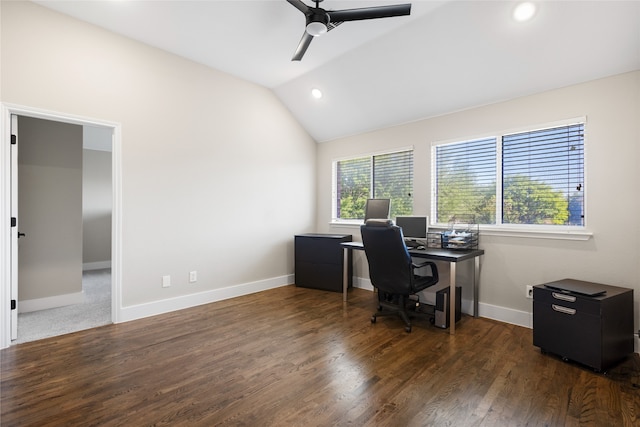 3804 Park Wood Dr, Corinth, TX 76208 - office space featuring a ceiling fan, lofted ceiling, wood finished floors, baseboards, and recessed lighting