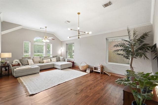 3522 Plymouth Pointe Ln, Missouri City, TX 77459 - living room featuring vaulted ceiling, wood finished floors, a chandelier, and baseboards