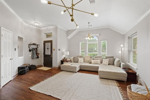 3522 Plymouth Pointe Ln, Missouri City, TX 77459 - living area featuring dark wood-style flooring, ornamental molding, a ceiling fan, baseboards, and a chandelier