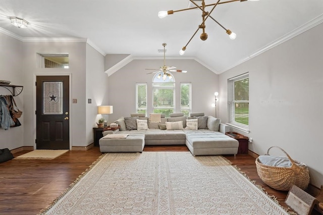 3522 Plymouth Pointe Ln, Missouri City, TX 77459 - living room with wood finished floors, a ceiling fan, baseboards, ornamental molding, and vaulted ceiling
