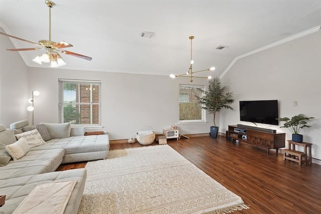 3522 Plymouth Pointe Ln, Missouri City, TX 77459 - living room featuring lofted ceiling, crown molding, dark wood-style floors, baseboards, and a chandelier