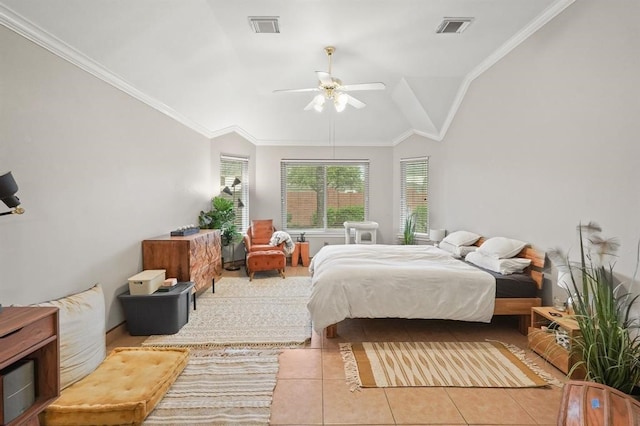 3522 Plymouth Pointe Ln, Missouri City, TX 77459 - bedroom featuring lofted ceiling, tile patterned flooring, crown molding, and a ceiling fan