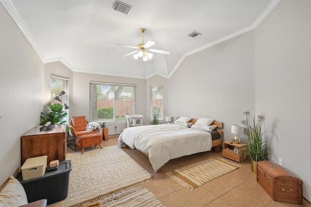 3522 Plymouth Pointe Ln, Missouri City, TX 77459 - bedroom with lofted ceiling, light tile patterned floors, crown molding, and ceiling fan