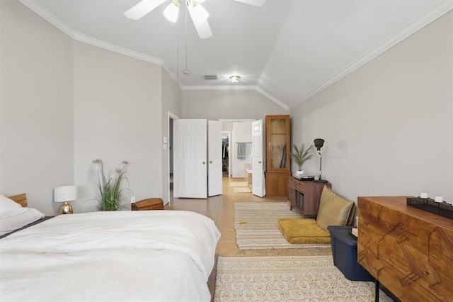 3522 Plymouth Pointe Ln, Missouri City, TX 77459 - bedroom with lofted ceiling, ornamental molding, light tile patterned flooring, a ceiling fan, and connected bathroom