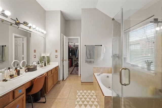 3522 Plymouth Pointe Ln, Missouri City, TX 77459 - full bath with a stall shower, tile patterned floors, a garden tub, double vanity, and a spacious closet