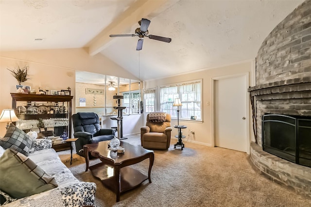 711 Seacliff Dr, Houston, TX 77062 - living area featuring carpet flooring, a fireplace, and ceiling fan