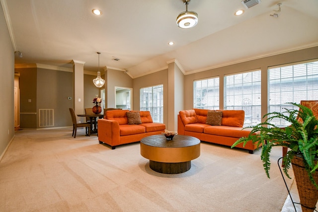 13702 Senca Park Dr, Houston, TX 77077 - living room featuring light colored carpet, ornamental molding, baseboards, lofted ceiling, and recessed lighting