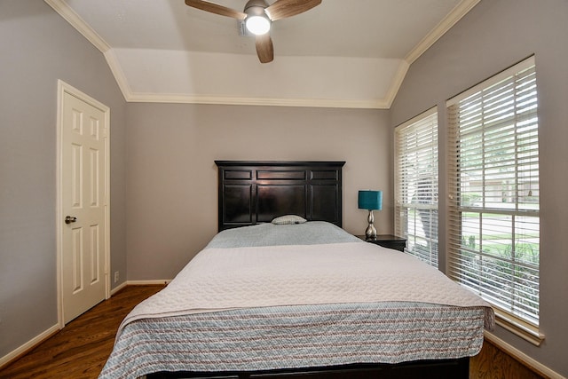 13702 Senca Park Dr, Houston, TX 77077 - bedroom with ornamental molding, dark wood-style flooring, baseboards, vaulted ceiling, and a ceiling fan