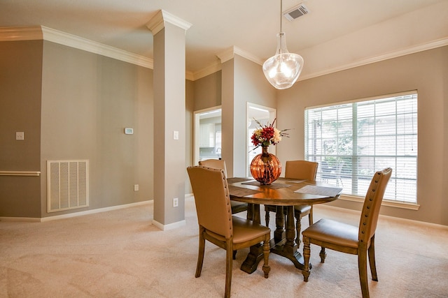 13702 Senca Park Dr, Houston, TX 77077 - dining room featuring light carpet, ornamental molding, and baseboards