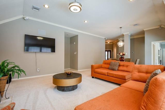 13702 Senca Park Dr, Houston, TX 77077 - carpeted living area featuring baseboards, ornamental molding, recessed lighting, and vaulted ceiling