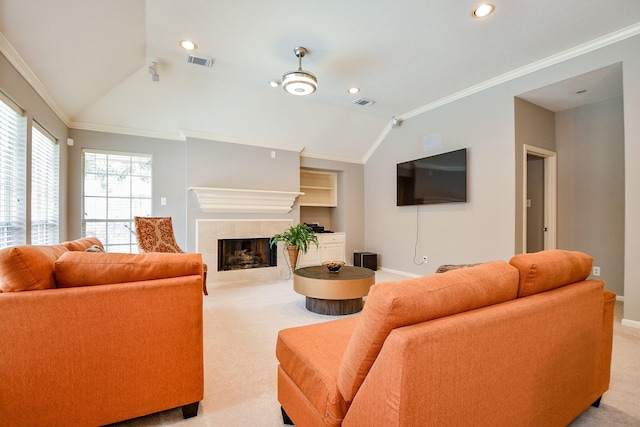 13702 Senca Park Dr, Houston, TX 77077 - living room with vaulted ceiling, light carpet, baseboards, recessed lighting, and crown molding