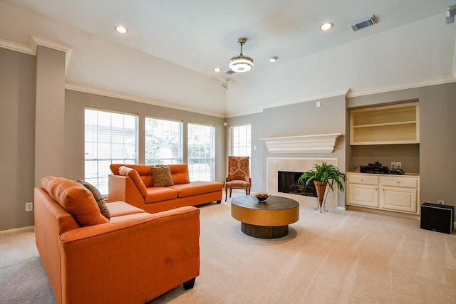 13702 Senca Park Dr, Houston, TX 77077 - living area featuring light carpet, ornamental molding, a tile fireplace, baseboards, and recessed lighting