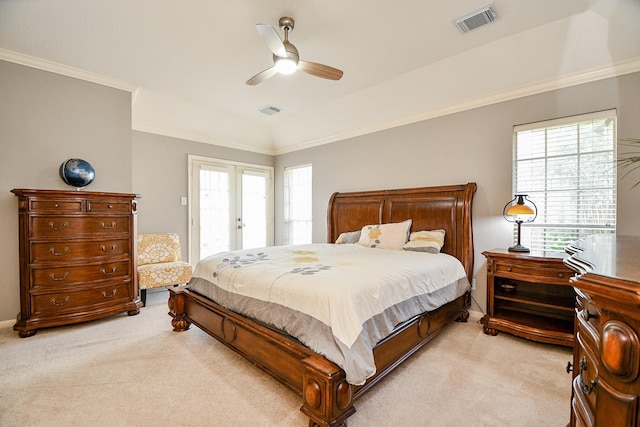 13702 Senca Park Dr, Houston, TX 77077 - bedroom with light colored carpet, ornamental molding, multiple windows, access to outside, and a ceiling fan