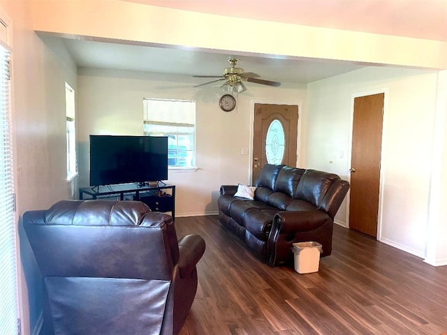865 Sir Jim Dr, Woodville, TX 75979 - living room with wood finished floors, baseboards, and ceiling fan