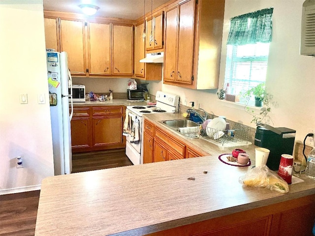 865 Sir Jim Dr, Woodville, TX 75979 - kitchen with white appliances, under cabinet range hood, a sink, brown cabinetry, and dark wood-type flooring