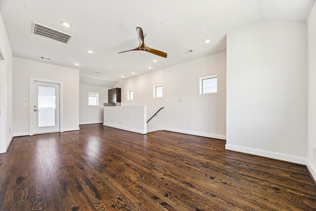 1505 Missouri St, Houston, TX 77006 - unfurnished living room with healthy amount of natural light, ceiling fan, dark wood-style flooring, recessed lighting, and baseboards