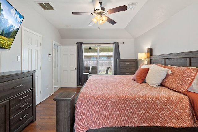 19030 Piney Way Dr, Tomball, TX 77375 - bedroom featuring dark wood-style flooring, vaulted ceiling, and a ceiling fan