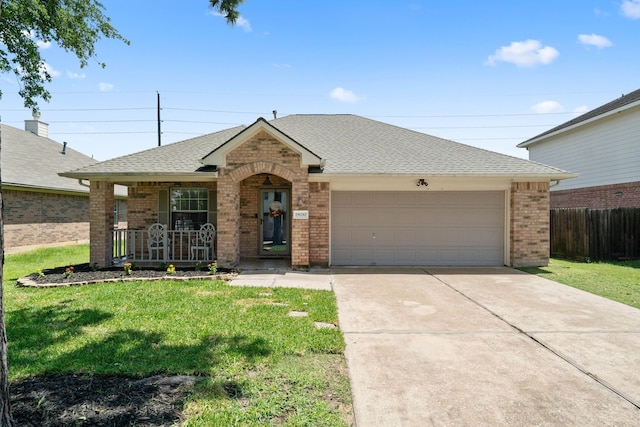 19030 Piney Way Dr, Tomball, TX 77375 - view of front of home featuring brick siding, a shingled roof, a garage, concrete driveway, and a porch