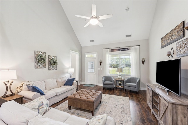 1170 Woody Ln, Sealy, TX 77474 - living area featuring high vaulted ceiling, dark wood-style flooring, a ceiling fan, and baseboards