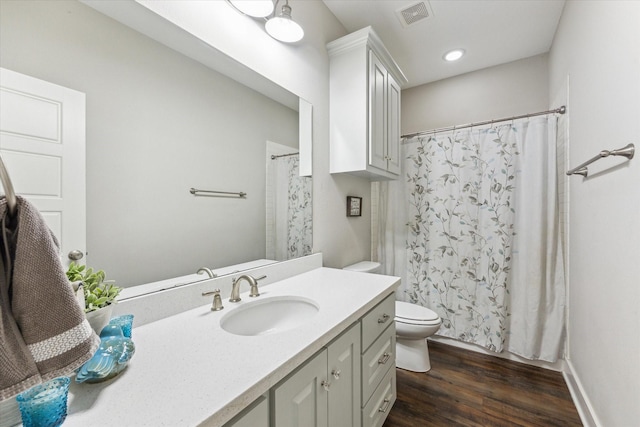 1170 Woody Ln, Sealy, TX 77474 - full bathroom with wood finished floors, toilet, vanity, and a shower with curtain