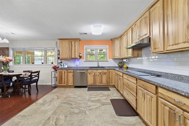 135 Sweetgum St, Trinity, TX 75862 - kitchen featuring dishwasher, under cabinet range hood, a sink, healthy amount of natural light, and a textured ceiling