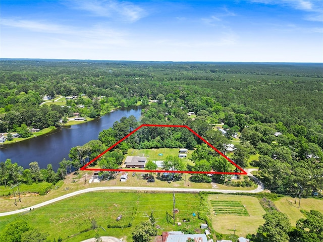 135 Sweetgum St, Trinity, TX 75862 - aerial view of property's location with a forest, a nearby body of water, and property boundaries highlighted