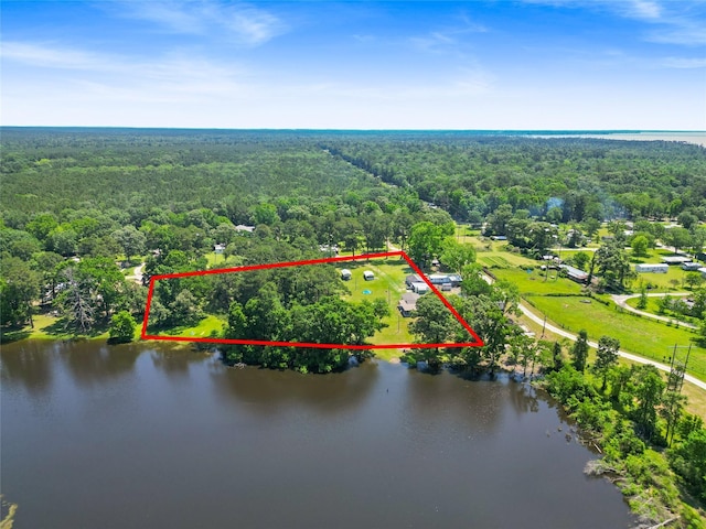135 Sweetgum St, Trinity, TX 75862 - aerial view of property's location with a forest, a nearby body of water, and property parcel outlined