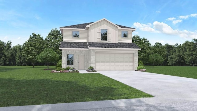 534 Belle Springs Ln, Conroe, TX 77301 - traditional-style home with brick siding, driveway, an attached garage, a front yard, and board and batten siding