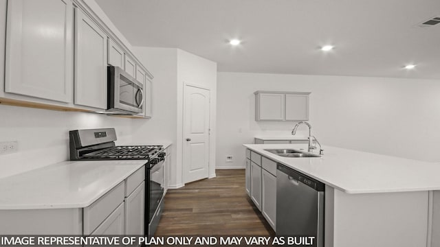 534 Belle Springs Ln, Conroe, TX 77301 - kitchen with stainless steel appliances, a sink, gray cabinetry, dark wood-type flooring, and recessed lighting