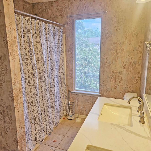 2325 Crescent Park Dr Unit 277, Houston, TX 77077 - bathroom featuring wallpapered walls, tile patterned flooring, a shower with shower curtain, and vanity