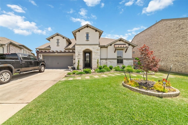 8007 Clearwater Glen Ct, Richmond, TX 77407 - view of front of property with stucco siding, a front lawn, concrete driveway, and stone siding