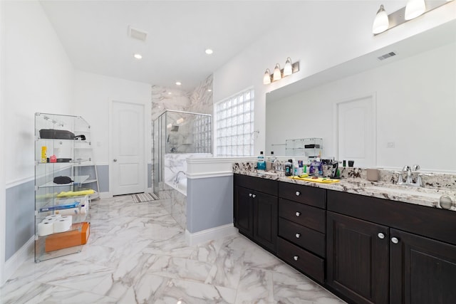8007 Clearwater Glen Ct, Richmond, TX 77407 - full bath featuring a shower stall, a bath, double vanity, recessed lighting, and baseboards