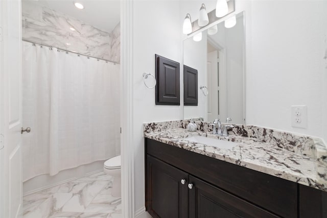 8007 Clearwater Glen Ct, Richmond, TX 77407 - full bath featuring marble finish floors, toilet, vanity, and shower / bathtub combination with curtain