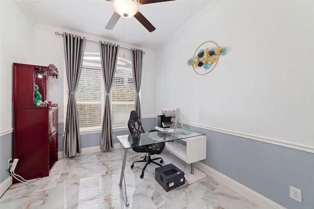 8007 Clearwater Glen Ct, Richmond, TX 77407 - office featuring marble look tiles, ornamental molding, ceiling fan, and baseboards