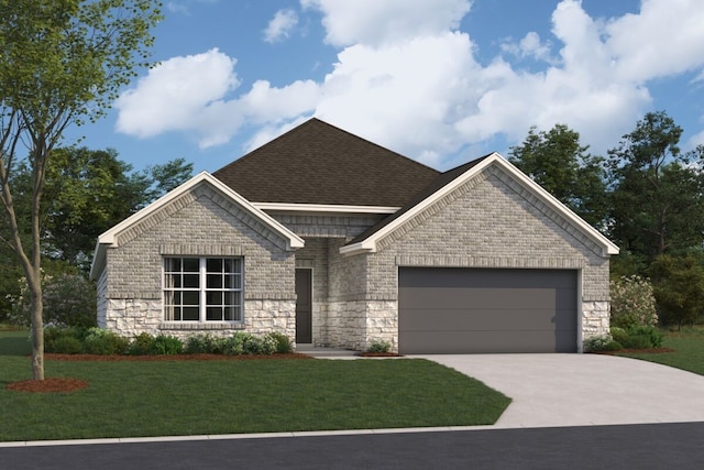 26132 Ethereal Rd, La Marque, TX 77568 - view of front of property featuring a garage, a front yard, stone siding, and concrete driveway