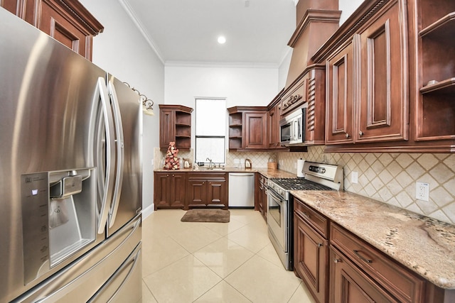 11503 Renaissance Dr, Montgomery, TX 77356 - kitchen featuring appliances with stainless steel finishes, open shelves, a sink, tasteful backsplash, and crown molding