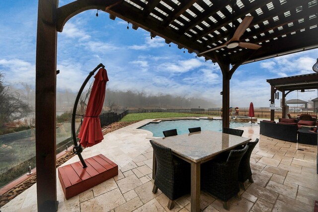 11503 Renaissance Dr, Montgomery, TX 77356 - view of patio / terrace with a pergola, outdoor dining space, a fenced backyard, and a ceiling fan