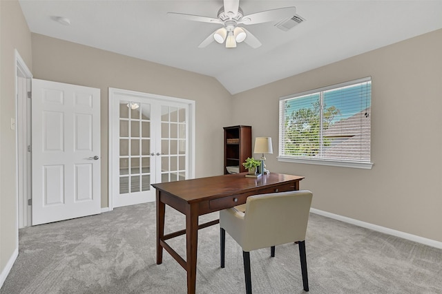 2833 Everett Dr, Friendswood, TX 77546 - home office with french doors, light colored carpet, a ceiling fan, vaulted ceiling, and baseboards