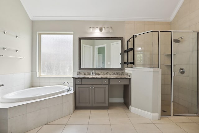 29407 Amber Meadows Ct, Katy, TX 77494 - full bath featuring a stall shower, crown molding, a bath, tile patterned floors, and vanity