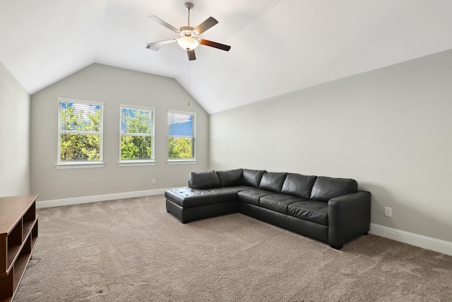 29407 Amber Meadows Ct, Katy, TX 77494 - living room with a ceiling fan, carpet floors, vaulted ceiling, and baseboards